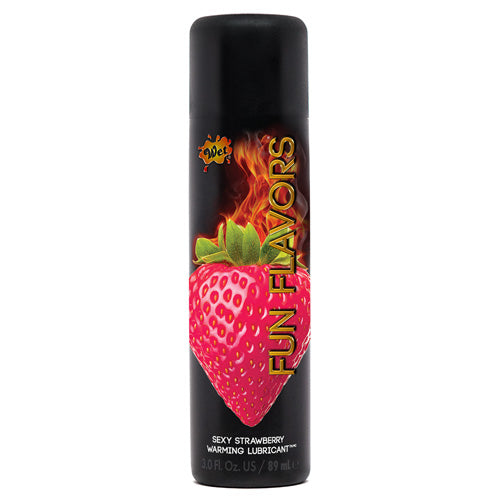 Wet Fun Flavors Sexy Strawberry Warming personal lubricant bottle with a vibrant strawberry design, showcasing its enticing flavor and warming properties.