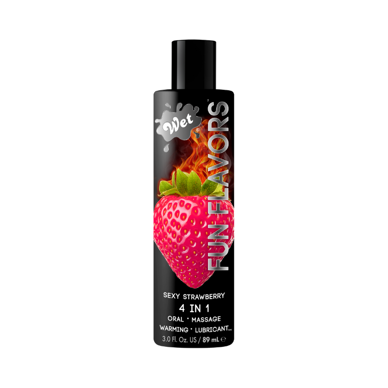 Wet Fun Flavors Sexy Strawberry Warming personal lubricant bottle with a vibrant strawberry design, showcasing its enticing flavor and warming properties.