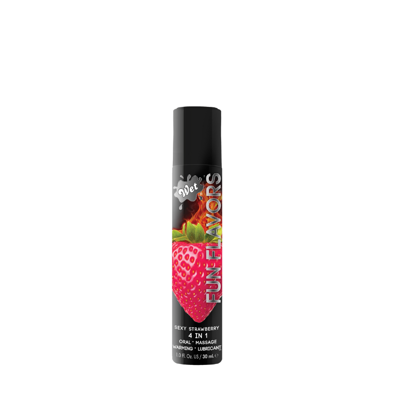 Wet Fun Flavors Sexy Strawberry Warming personal lubricant bottle with a vibrant strawberry design, showcasing its enticing flavor and warming properties.