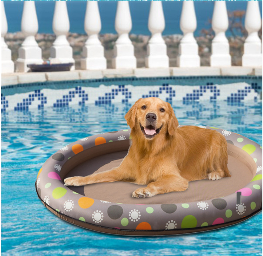 A vibrant inflatable hammock swimming pool designed for dogs, featuring durable nylon oxford cloth and eco-friendly PVC liner, perfect for pets to relax and play in water.