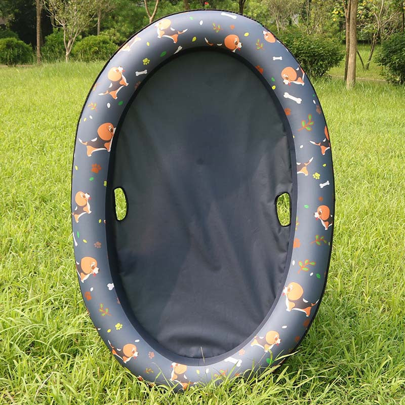 A vibrant inflatable hammock swimming pool designed for dogs, featuring durable nylon oxford cloth and eco-friendly PVC liner, perfect for pets to relax and play in water.