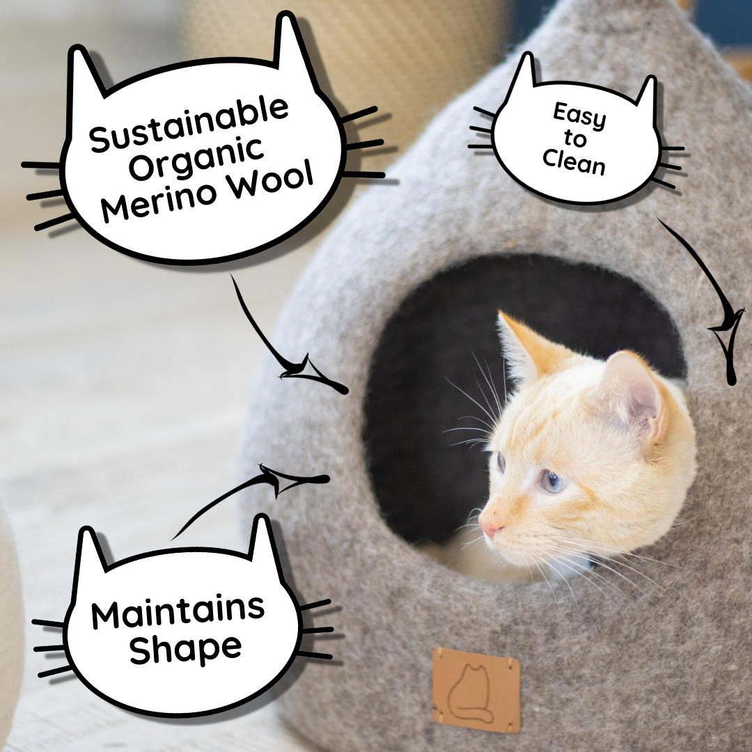 Fire Orange Tail Style Cave, a modern cat cave made of felted wool, featuring a peekaboo entrance and vibrant color, perfect for stylish pet owners.