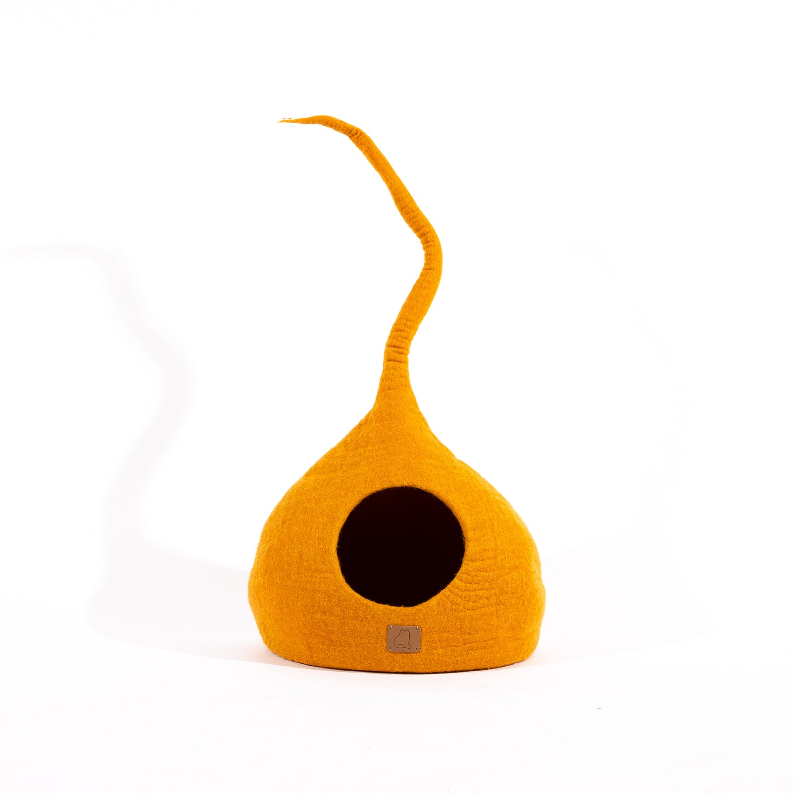 Fire Orange Tail Style Cave, a modern cat cave made of felted wool, featuring a peekaboo entrance and vibrant color, perfect for stylish pet owners.