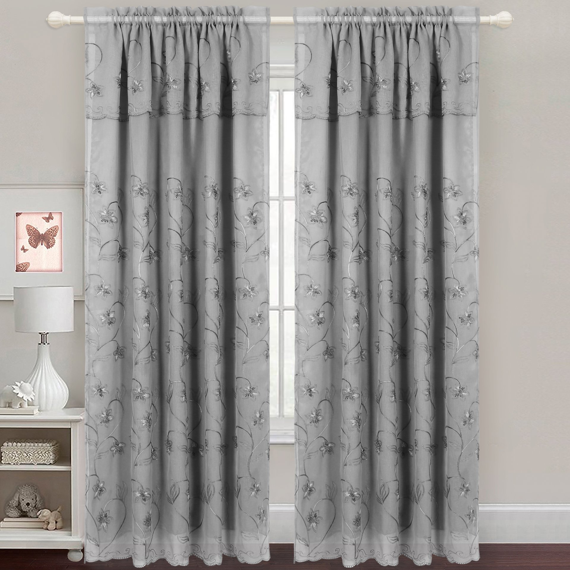 Gabriella Snow Voile Embroidered Panel Set of Two, showcasing elegant embroidery on light fabric, perfect for home decor.