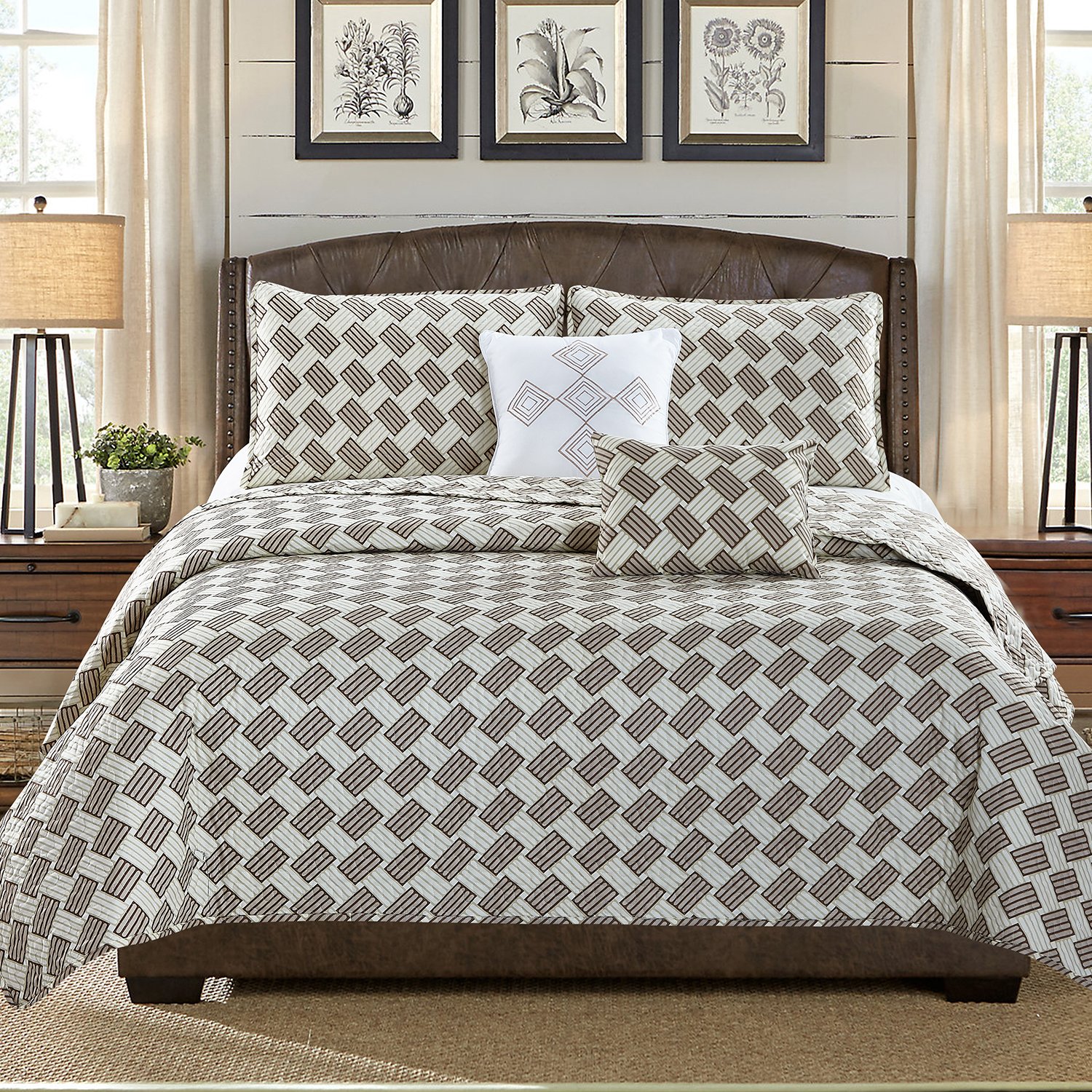 Karina 5 Piece Quilt Set in modern brown featuring a quilt, two pillow shams, a square cushion, and a rectangle cushion arranged on a bed.