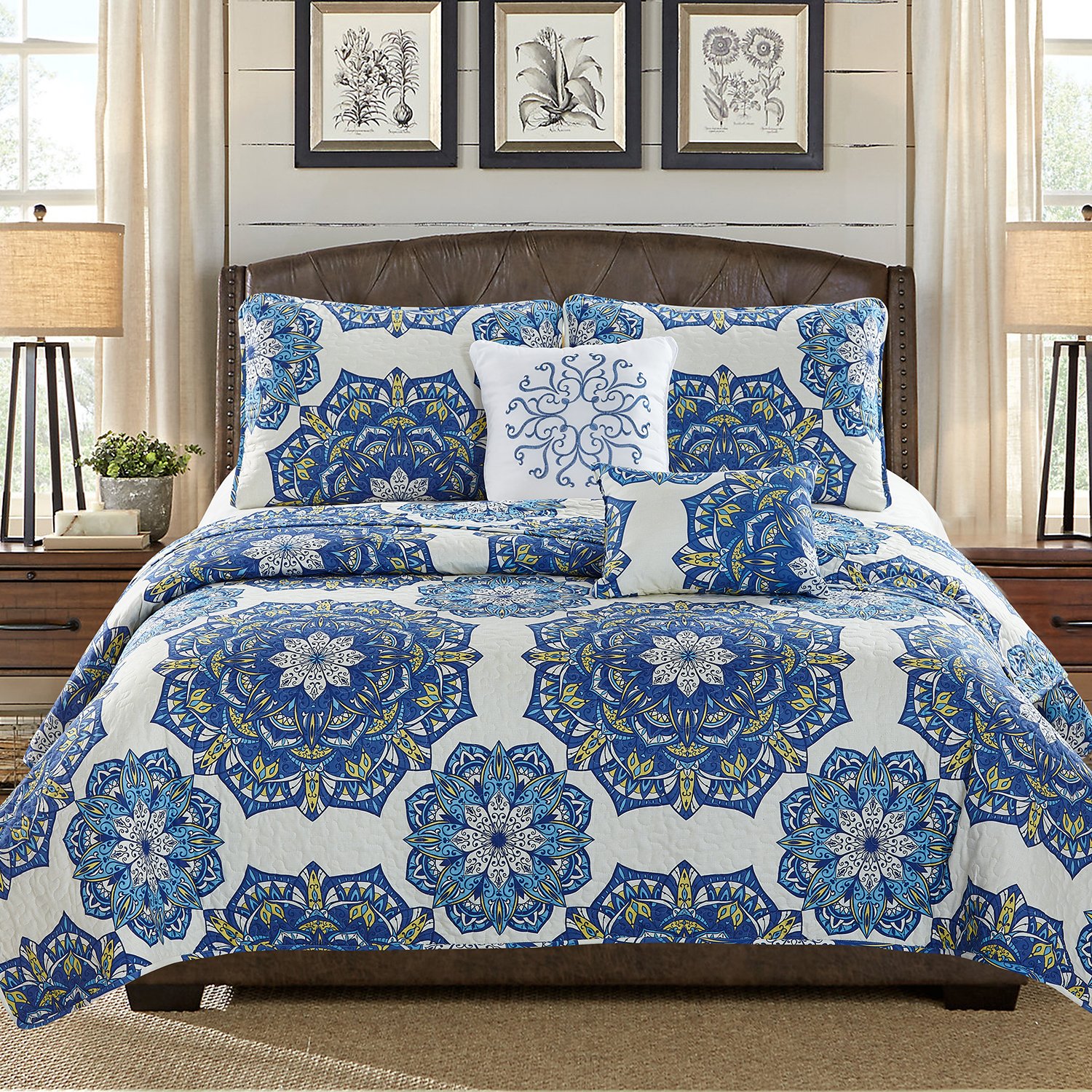 Karina 5 Piece Quilt Set featuring royal blue medallion design, includes quilt, two pillow shams, square cushion, and rectangle cushion.