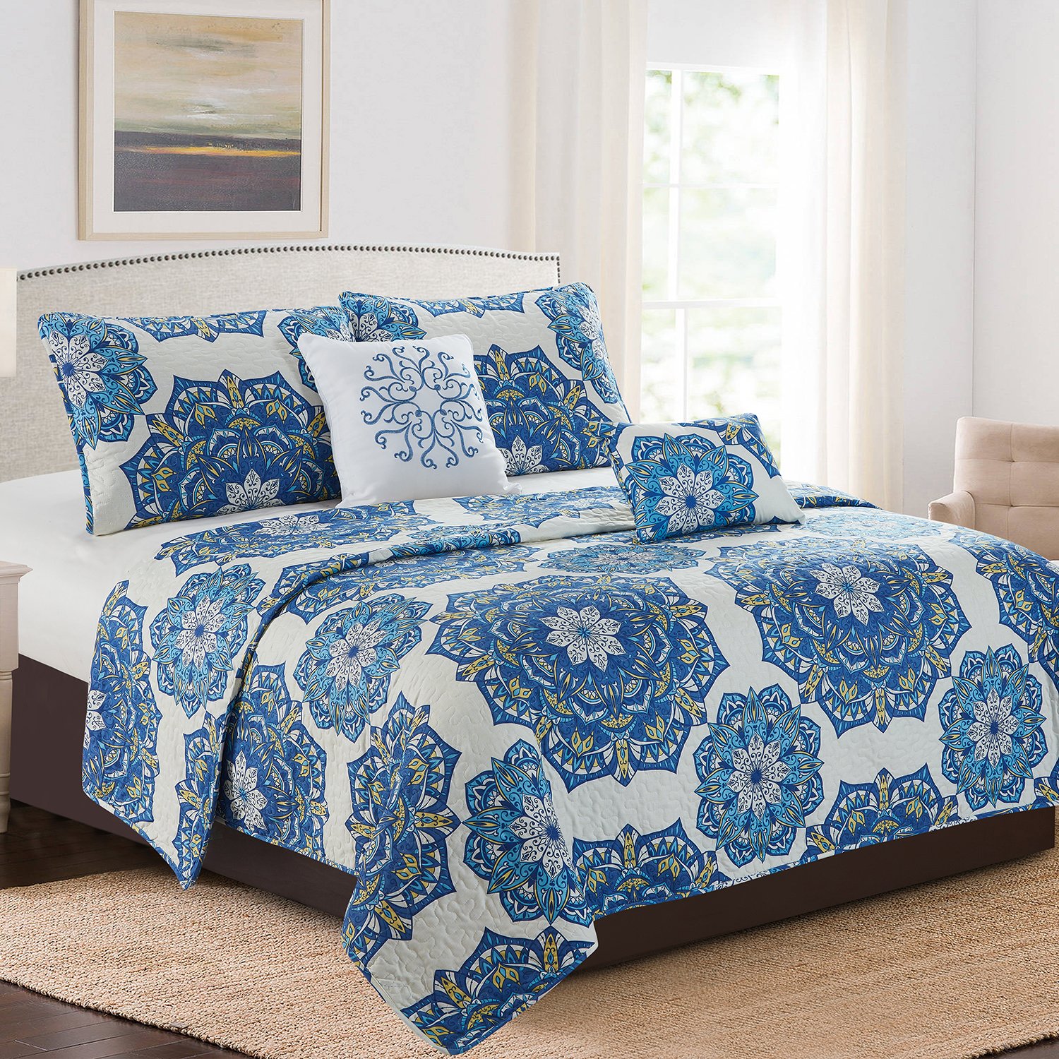 Karina 5 Piece Quilt Set featuring royal blue medallion design, includes quilt, two pillow shams, square cushion, and rectangle cushion.