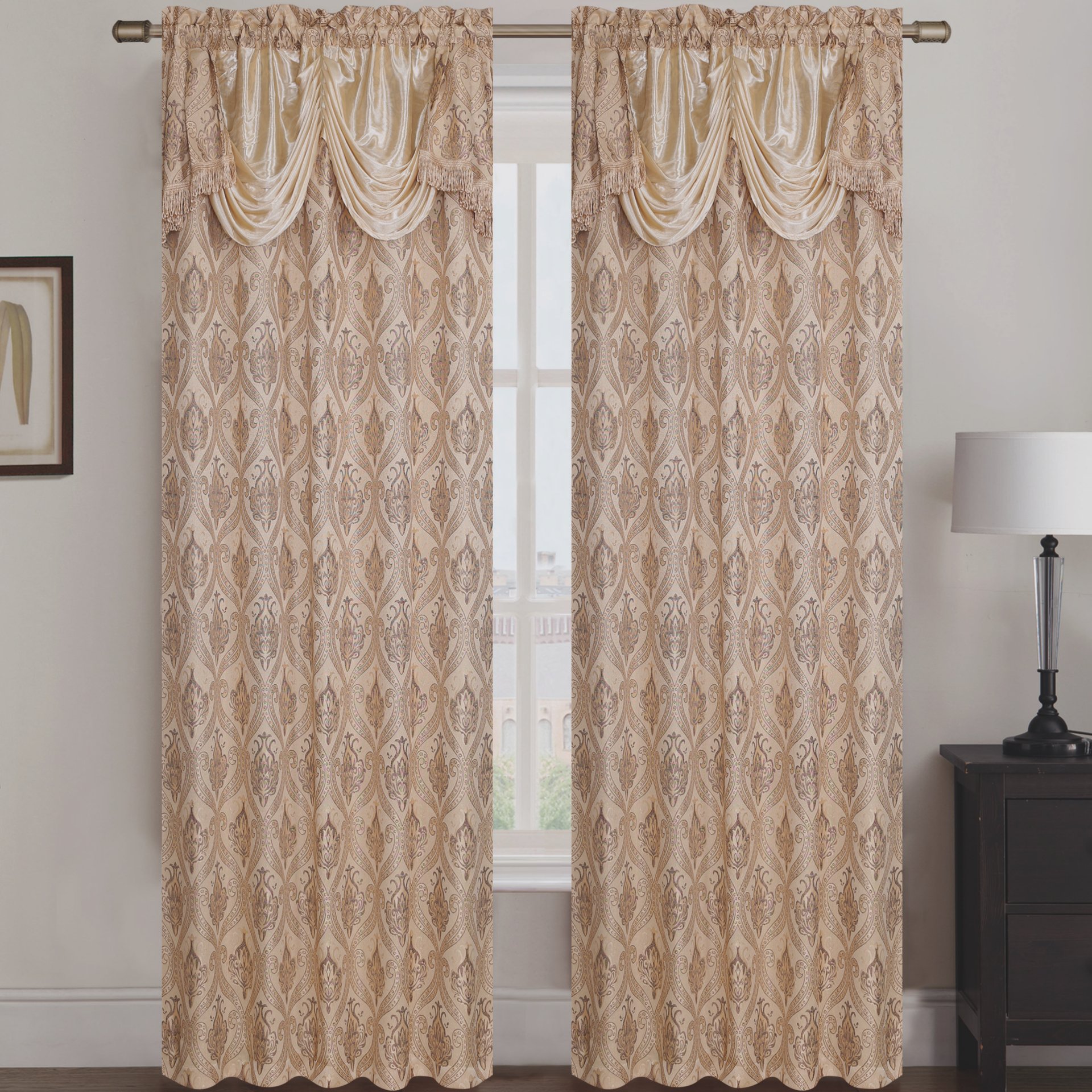 Rebecca Jacquard Rod Pocket Panel Set of Two with Attached Valance, showcasing elegant fabric and design suitable for home decor.
