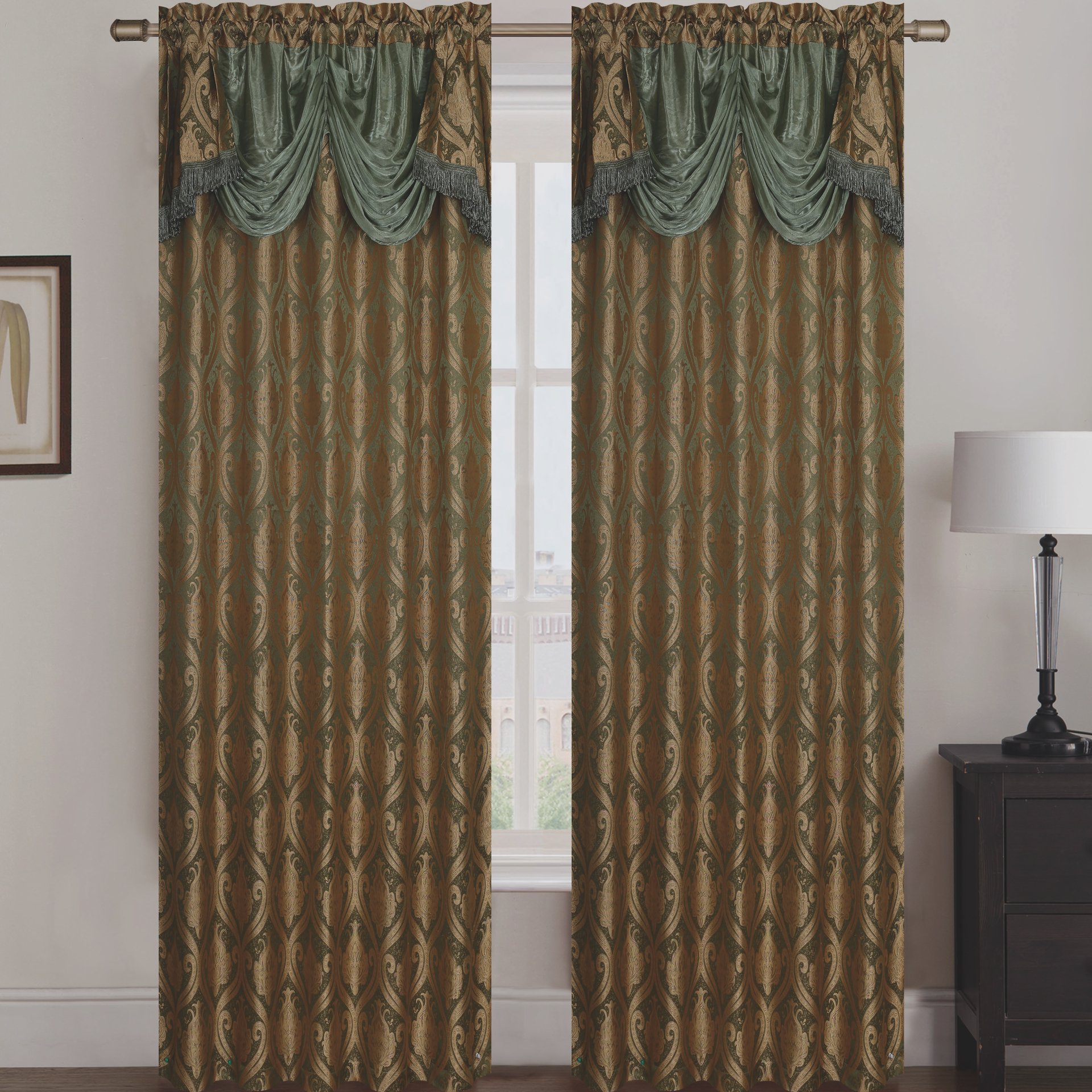 Rebecca Jacquard Rod Pocket Panel Set of Two with Attached Valance, showcasing elegant fabric and design suitable for home decor.