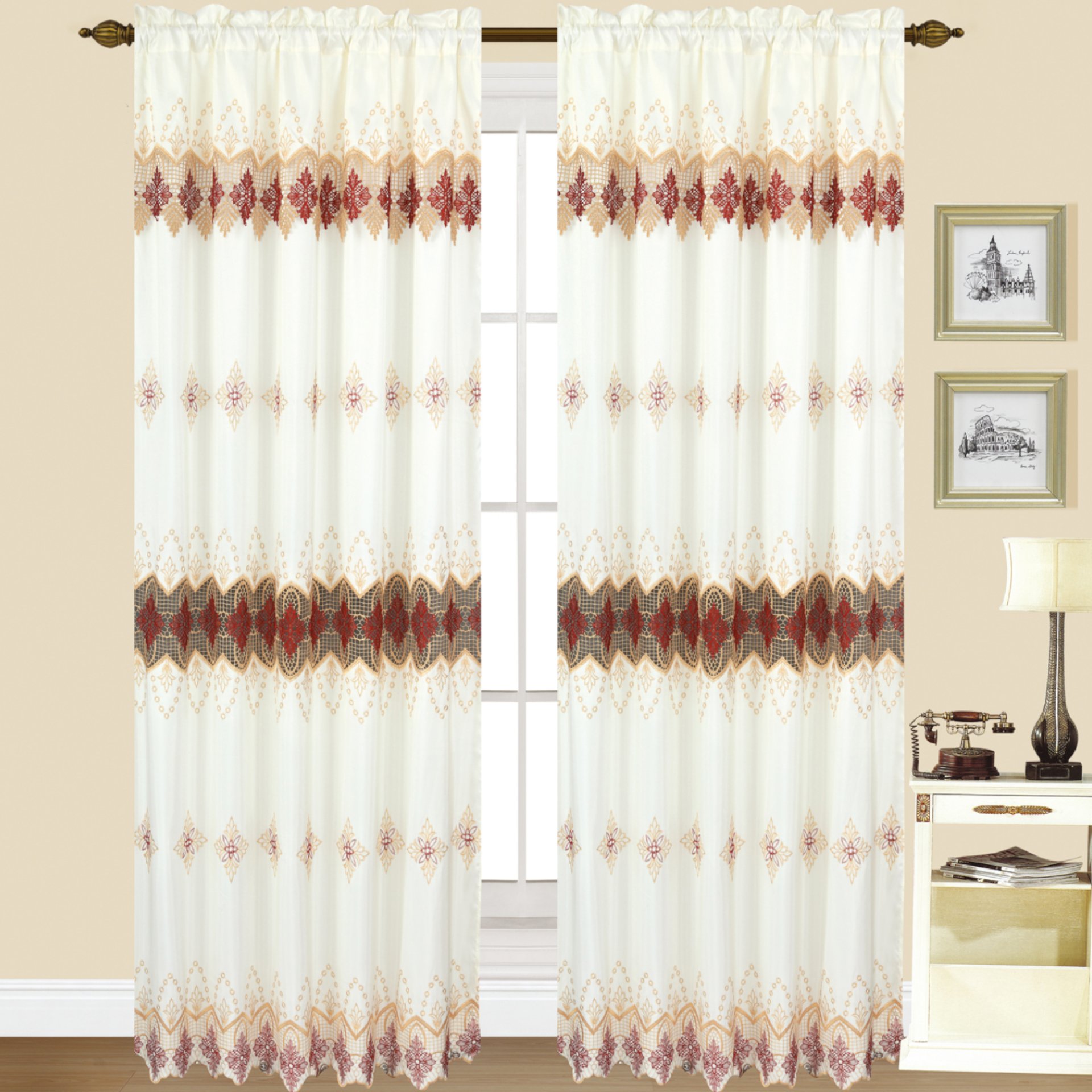 Scarlet Macrame Panel Set of Two in assorted colors, showcasing intricate macrame design and elegant draping.