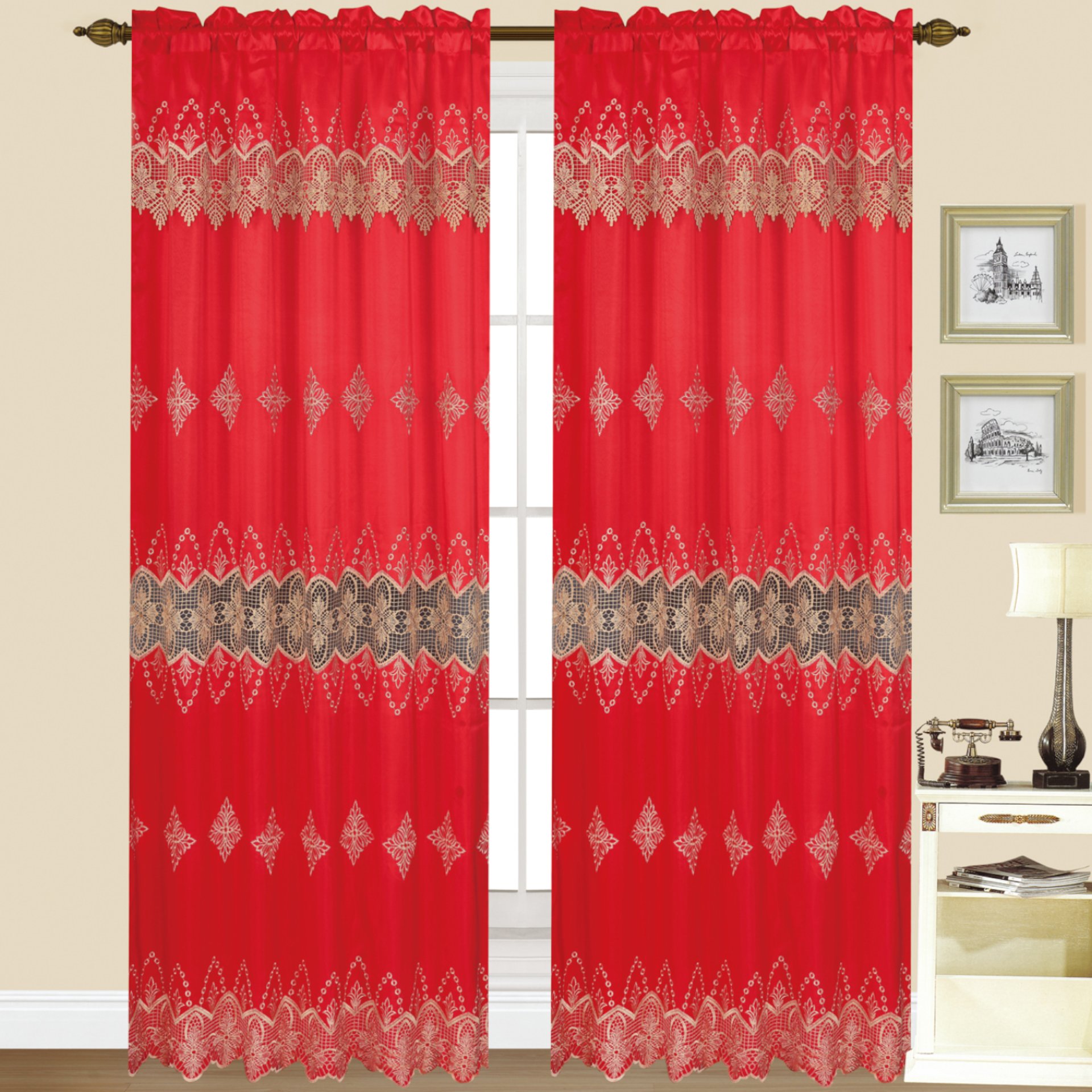 Scarlet Macrame Panel Set of Two in assorted colors, showcasing intricate macrame design and elegant draping.