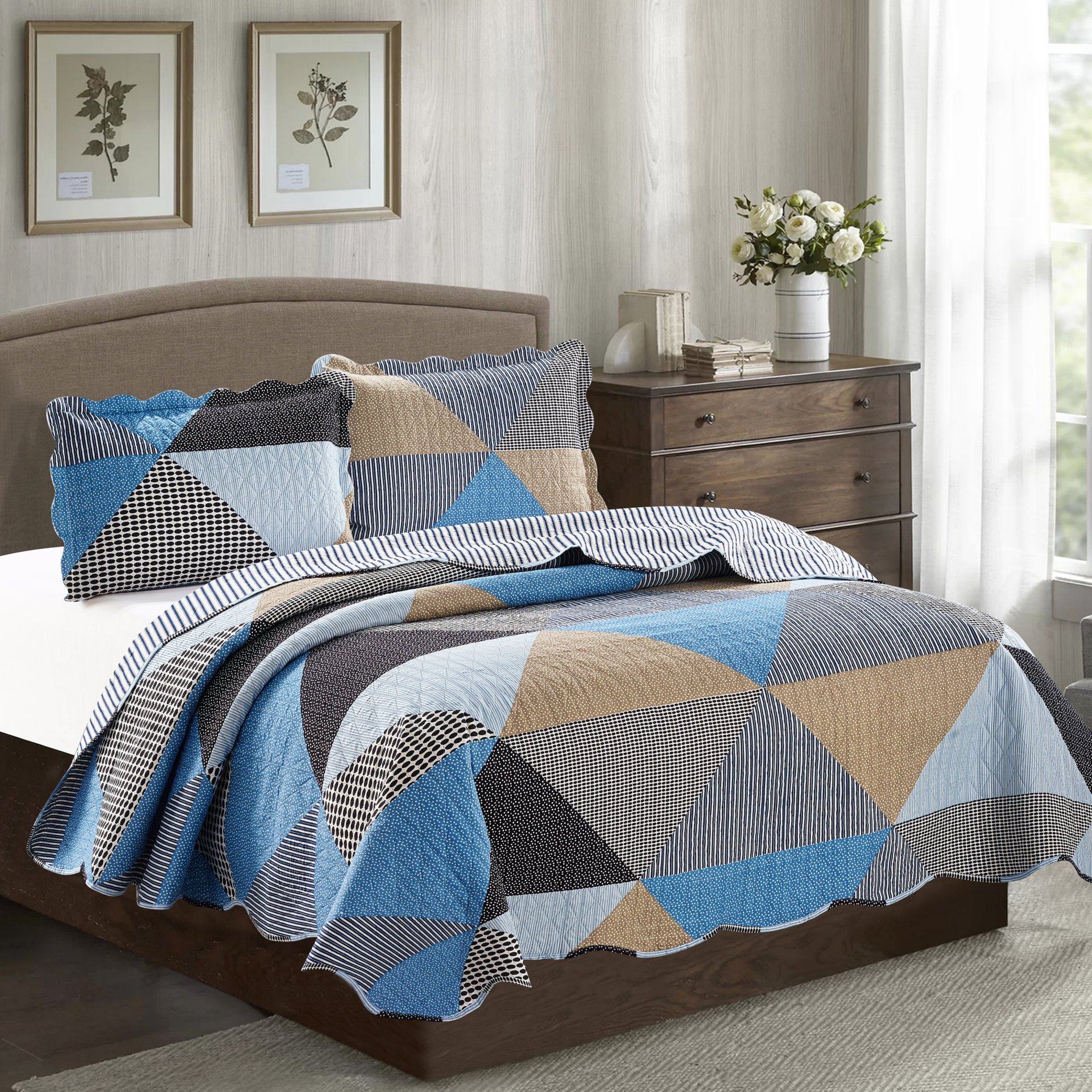 Suzy 3 Piece Quilt Set in Grey featuring a quilt and two matching pillow shams, elegantly displayed on a bed.