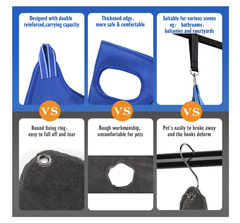 A comfortable 10 in 1 Pet Grooming Hammock designed for dogs and cats, featuring a double-layer fabric and essential grooming tools.
