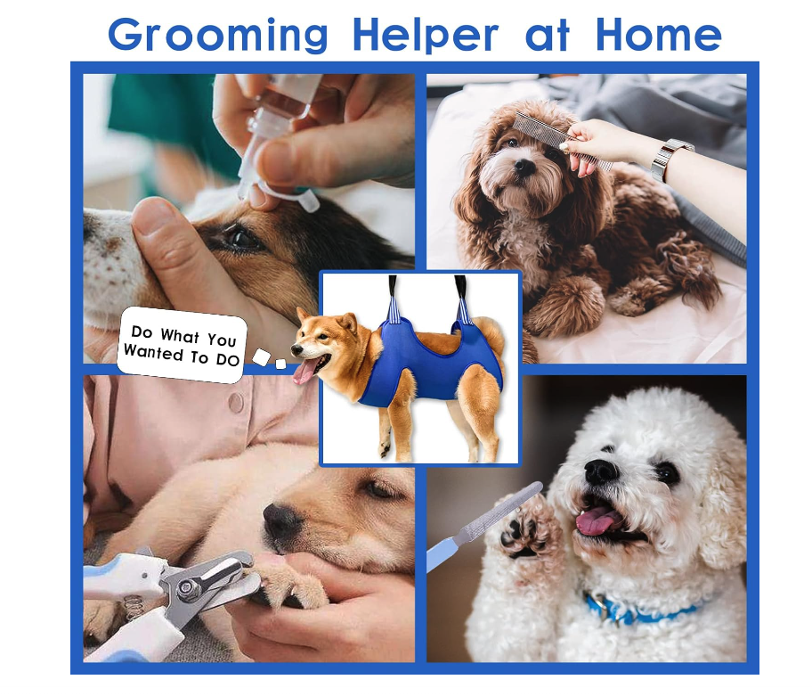 A comfortable 10 in 1 Pet Grooming Hammock designed for dogs and cats, featuring a double-layer fabric and essential grooming tools.