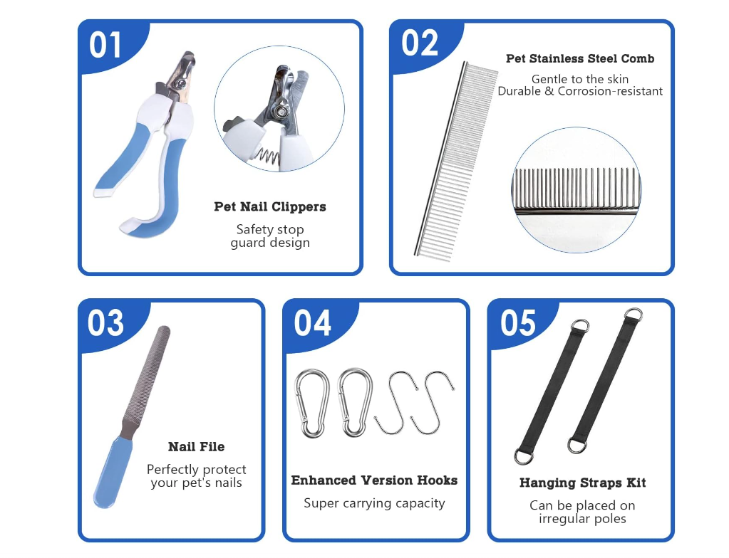 A comfortable 10 in 1 Pet Grooming Hammock designed for dogs and cats, featuring a double-layer fabric and essential grooming tools.