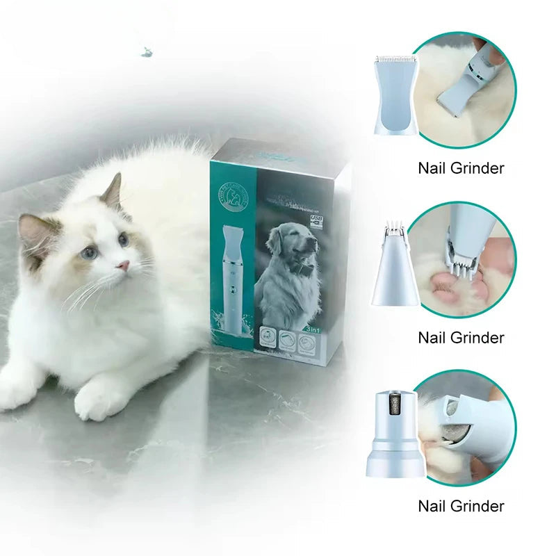 3 in 1 Grooming Kit featuring a detail trimmer, hair trimmer, and nail polisher for pets, showcasing its sleek design and precision blades.