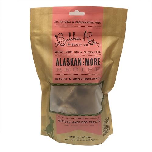Alaskan for More Biscuit Bag featuring wild-caught salmon treats in a resealable pouch with a hanging hole.
