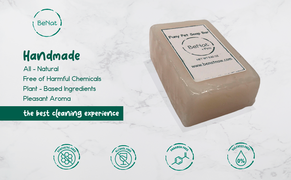 BeNat Pets All-Natural Pet Shampoo Bar with oat, featuring a handcrafted design and natural ingredients for pet grooming.