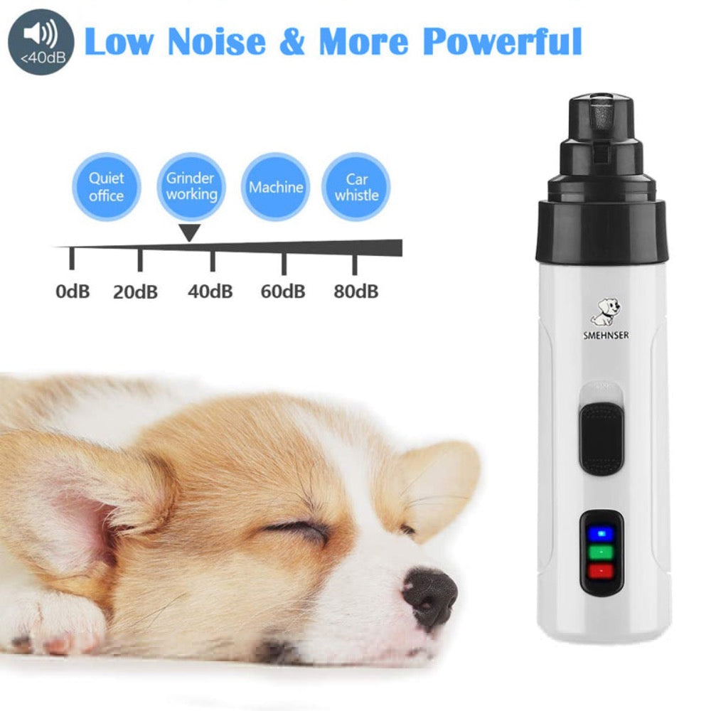 Cordless Pet Nail Trimmers with ergonomic design, USB charging port, and extra grinding drums for easy pet nail grooming.