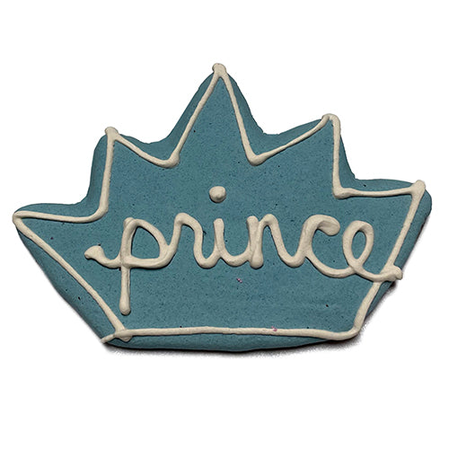 A box of peanut butter crown cookies for dogs, featuring a colorful yogurt coating and a crown shape, perfect for special occasions.