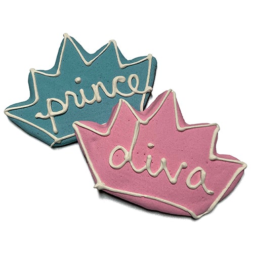 A box of peanut butter crown cookies for dogs, featuring a colorful yogurt coating and a crown shape, perfect for special occasions.