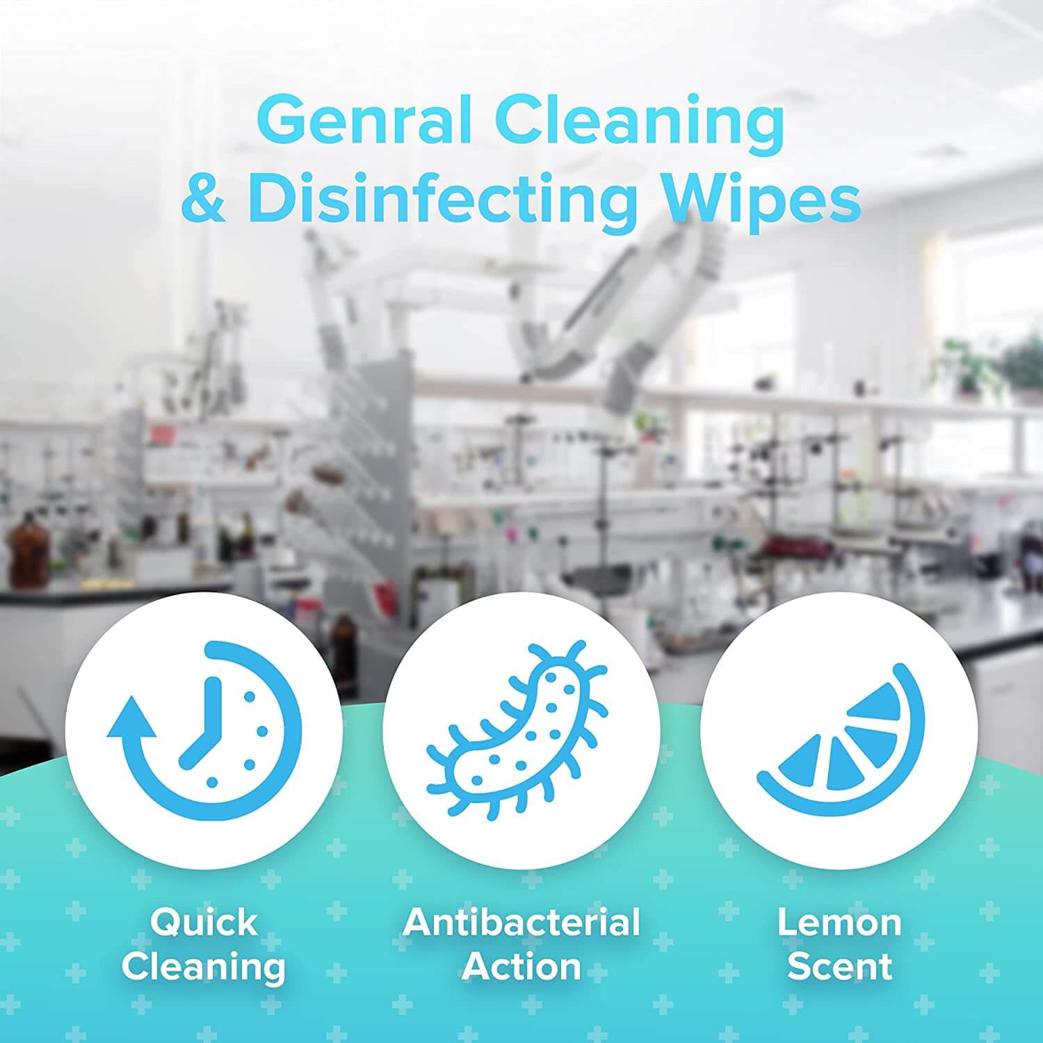 KV General Cleaning Wipes in a resealable dispenser bucket, showcasing their antibacterial and multi-surface cleaning capabilities.