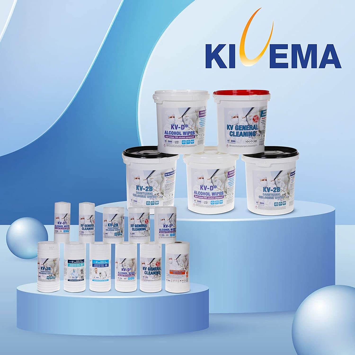 KV General Cleaning Wipes in a resealable dispenser bucket, showcasing their antibacterial and multi-surface cleaning capabilities.