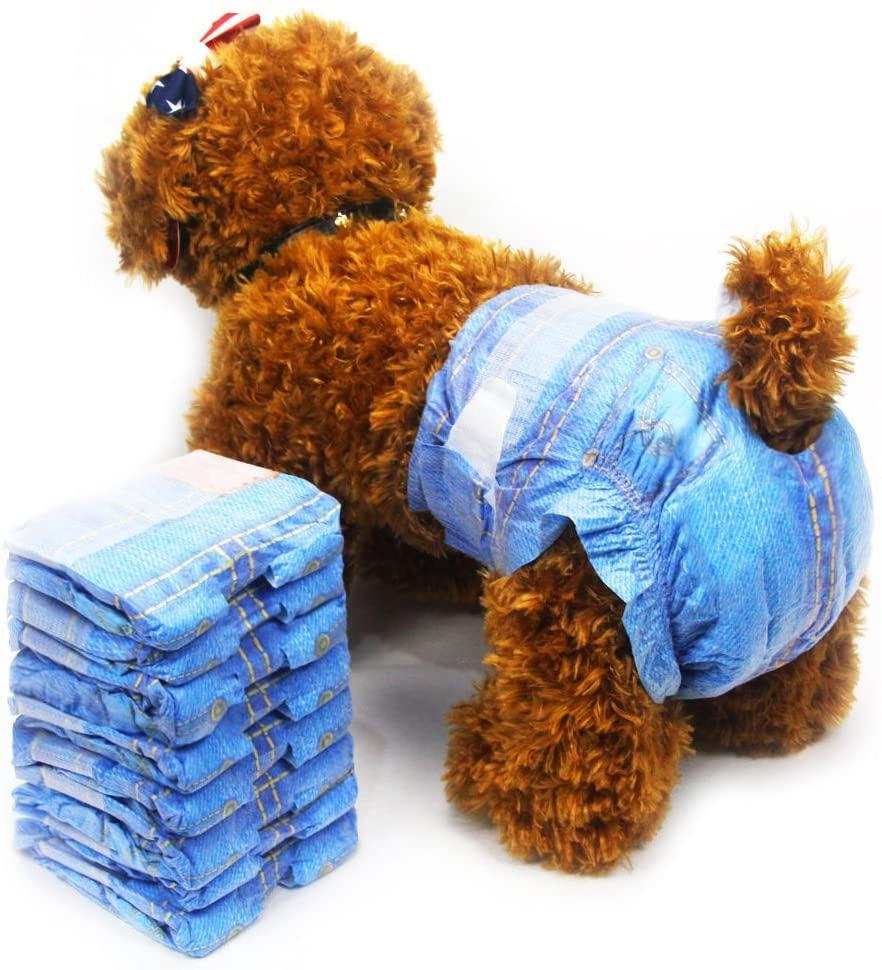 Disposable dog diapers for female dogs featuring a stylish jeans pattern, designed for comfort and super absorbency.