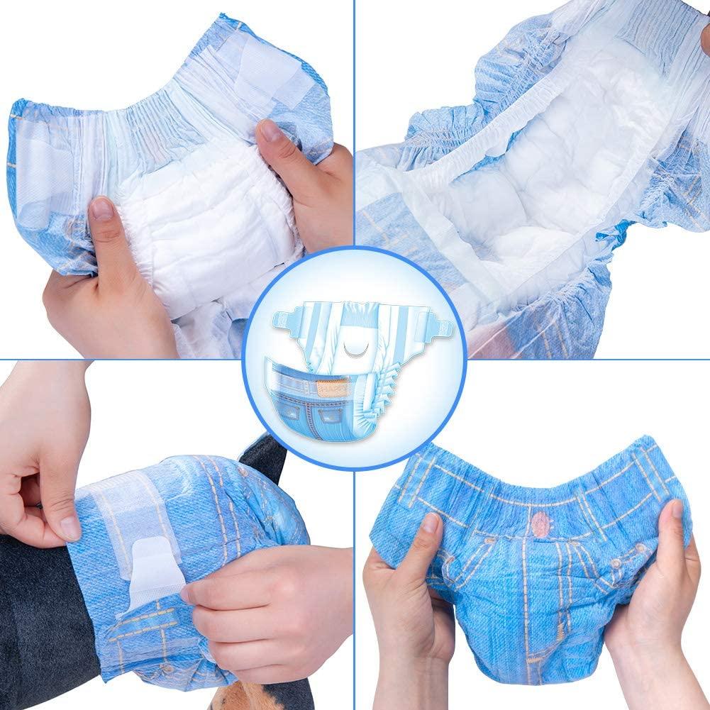 Disposable dog diapers for female dogs featuring a stylish jeans pattern, designed for comfort and super absorbency.