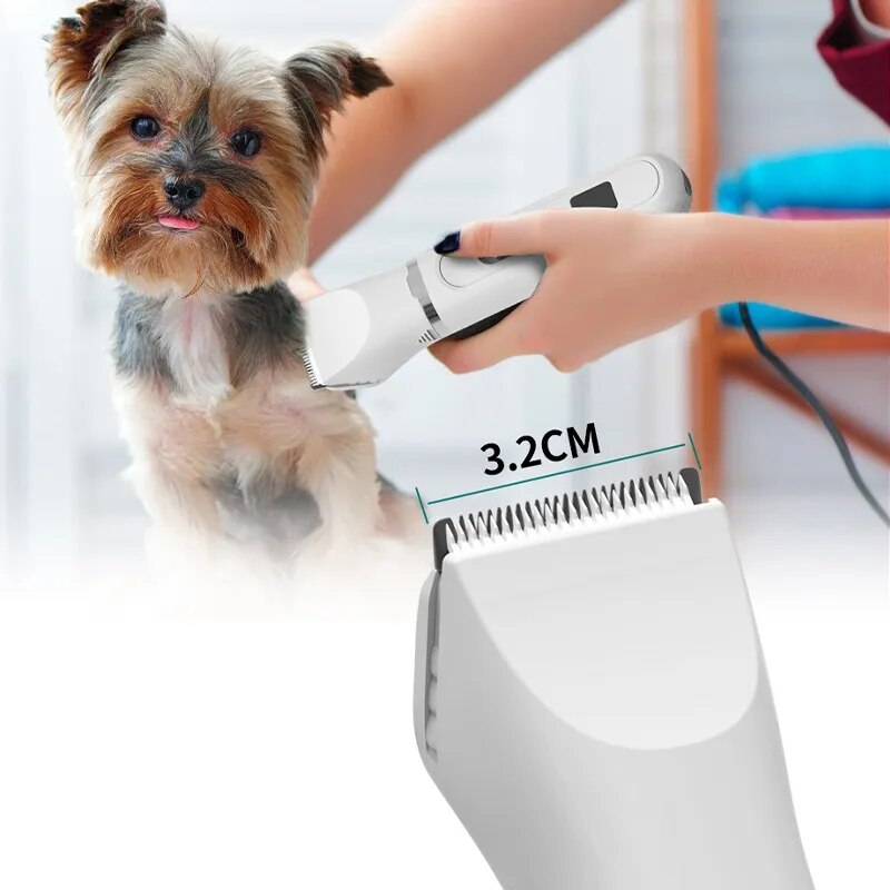 Rechargeable dog clippers with low noise operation, featuring stainless steel blades and guide combs for pet grooming.