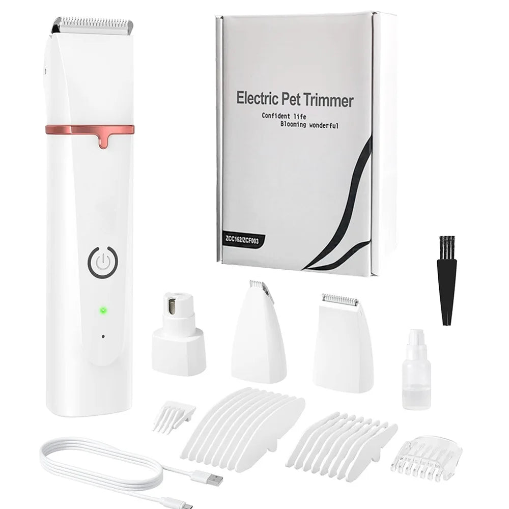 A compact 4 in 1 Dog Hair Cutting Machine with various grooming attachments, including cutter heads and limiting combs, designed for pet grooming.