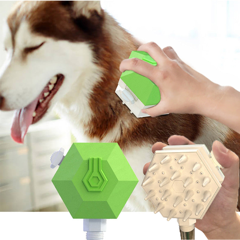 Handheld Splash Shower for pets, featuring a multi-function grooming brush with shower sprayer, massage tool, and comb capabilities, designed for easy use.