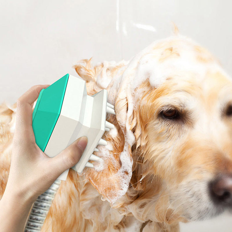 Handheld Splash Shower for pets, featuring a multi-function grooming brush with shower sprayer, massage tool, and comb capabilities, designed for easy use.