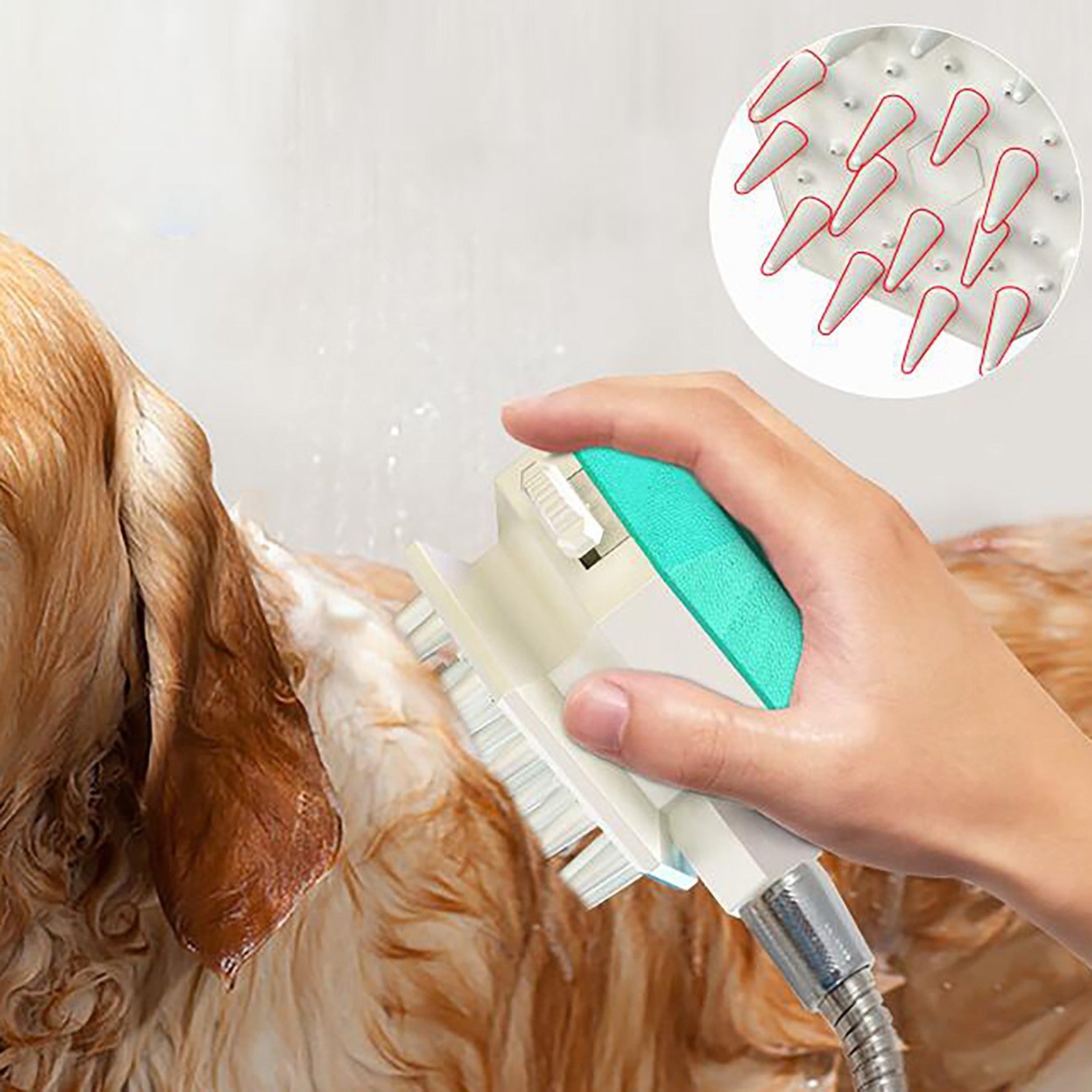 Handheld Splash Shower for pets, featuring a multi-function grooming brush with shower sprayer, massage tool, and comb capabilities, designed for easy use.
