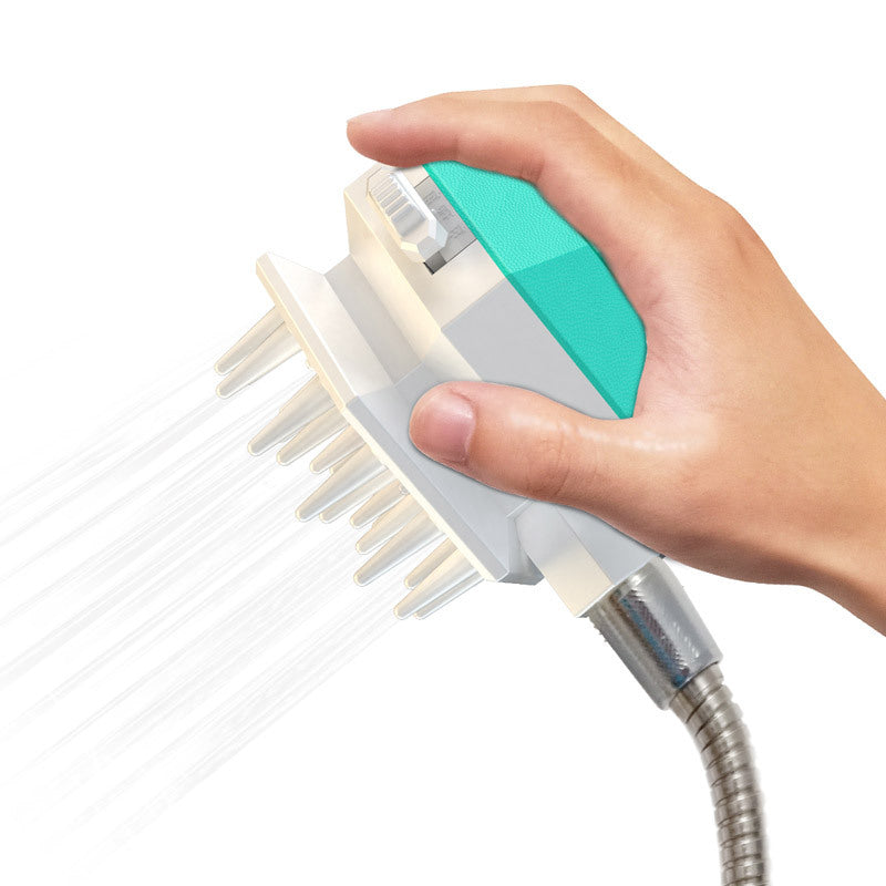 Handheld Splash Shower for pets, featuring a multi-function grooming brush with shower sprayer, massage tool, and comb capabilities, designed for easy use.
