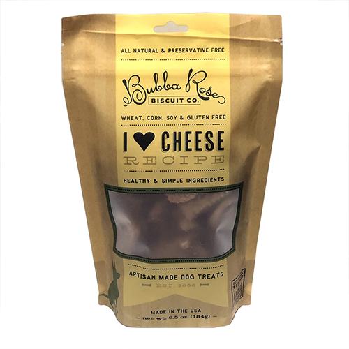 I Heart Cheese Biscuit Bag featuring artisan cheese-flavored dog treats in a resealable pouch, ideal for pet owners.