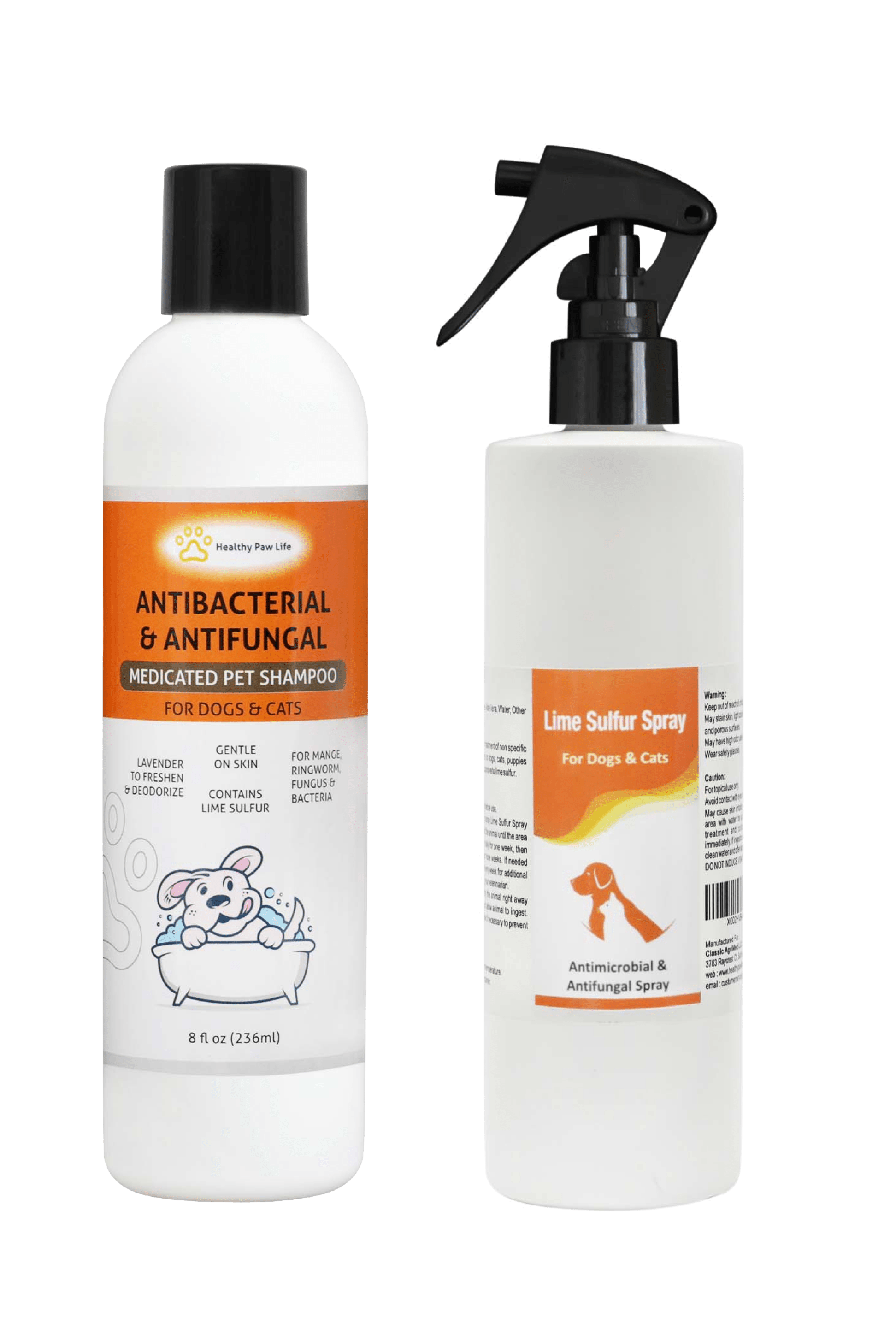 Lime Sulfur Pet Shampoo and Spray bottles, 8 oz each, designed for treating skin issues in pets.