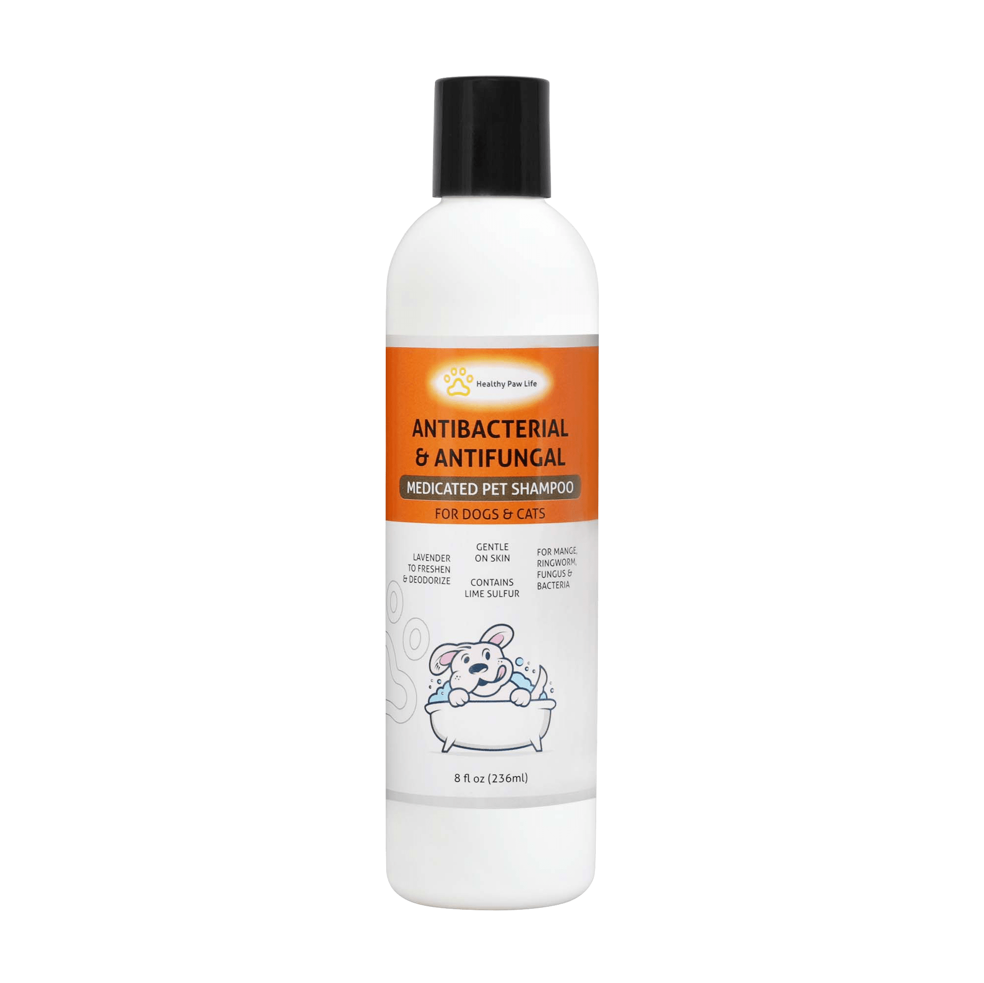 Lime Sulfur Pet Shampoo and Spray bottles, 8 oz each, designed for treating skin issues in pets.