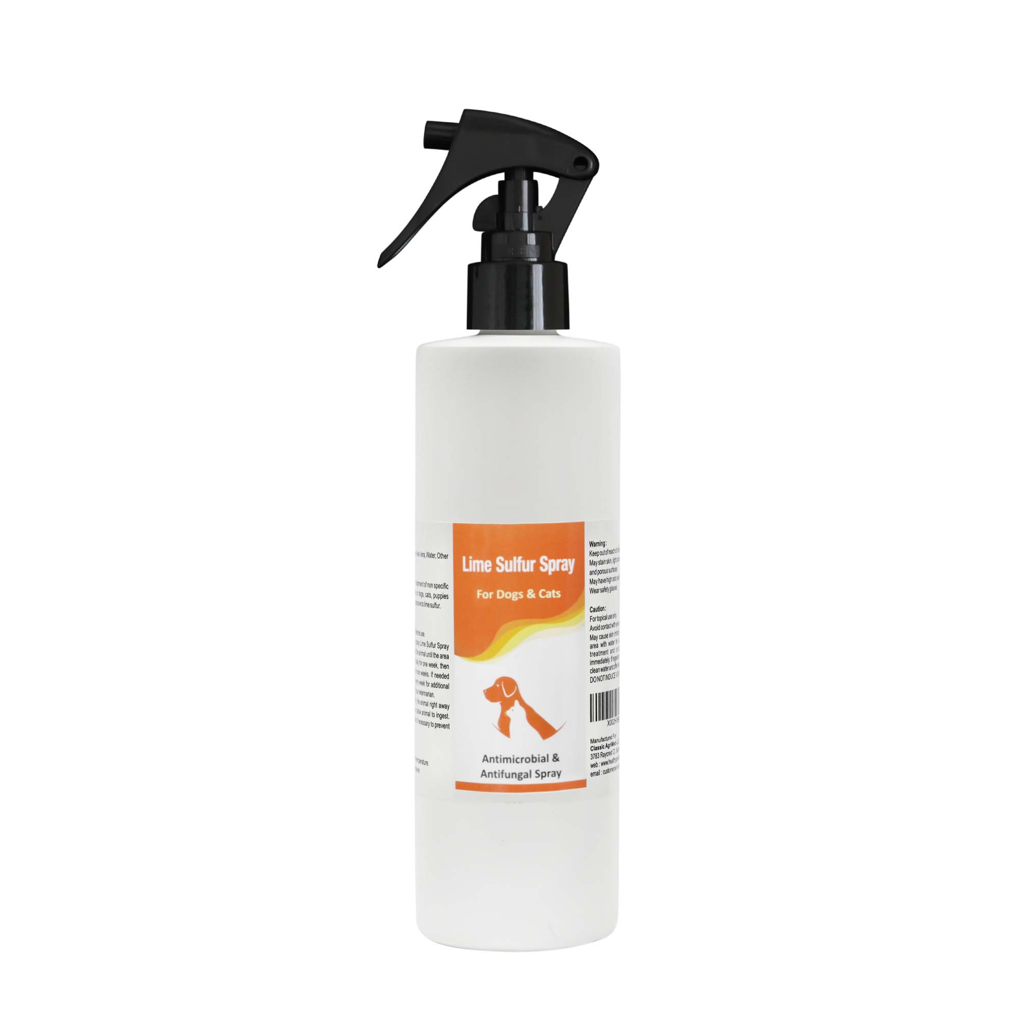Lime Sulfur Pet Shampoo and Spray bottles, 8 oz each, designed for treating skin issues in pets.
