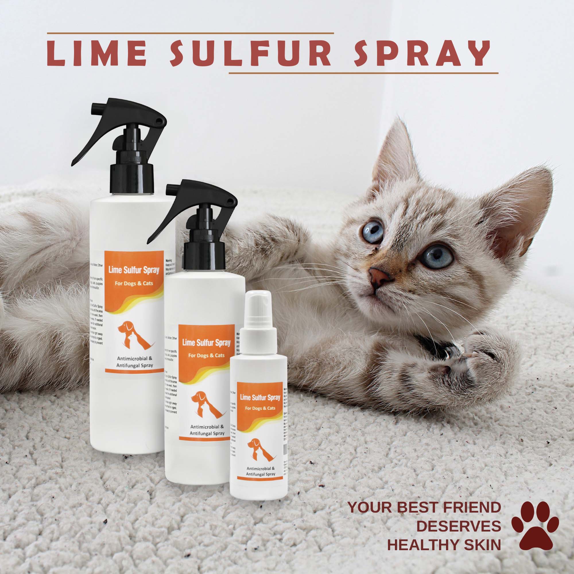 Lime Sulfur Pet Shampoo and Spray bottles, 8 oz each, designed for treating skin issues in pets.