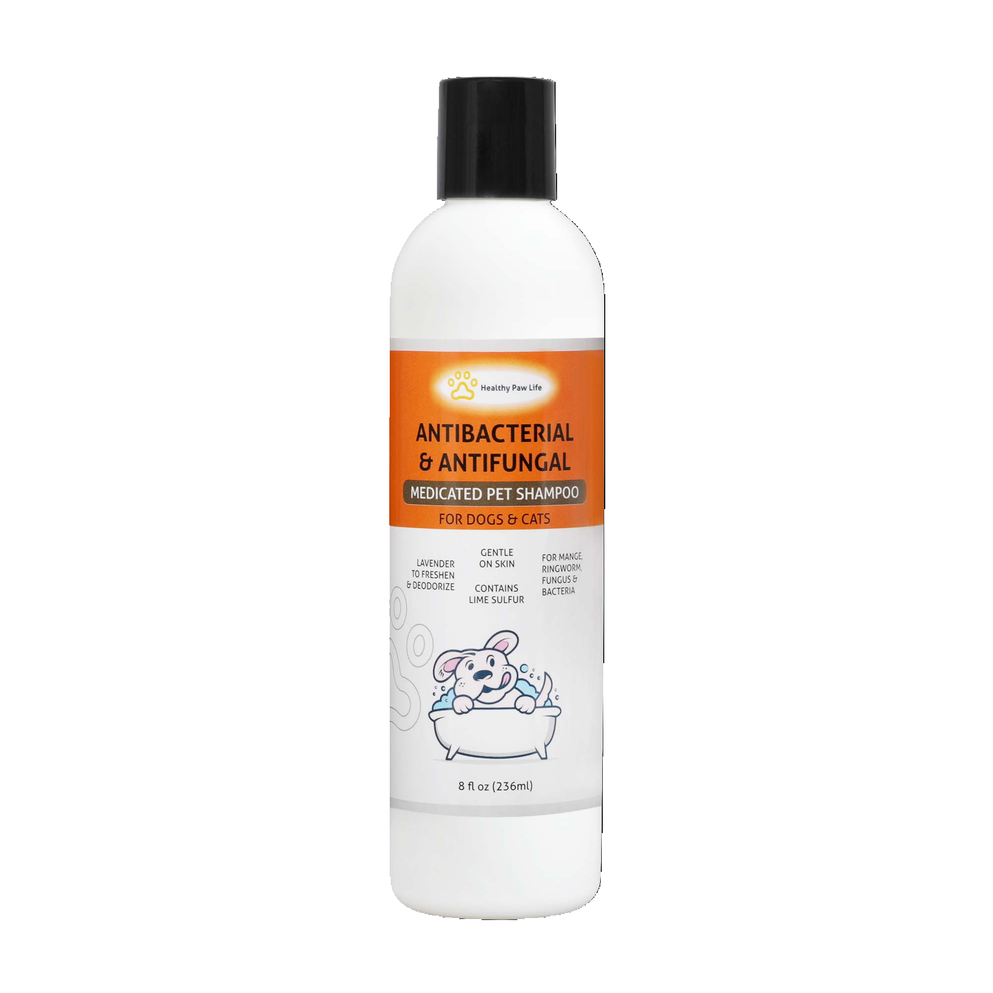 A bottle of Lime Sulfur Pet Shampoo with a lavender fragrance, designed for effective skin treatment and deodorizing for pets.