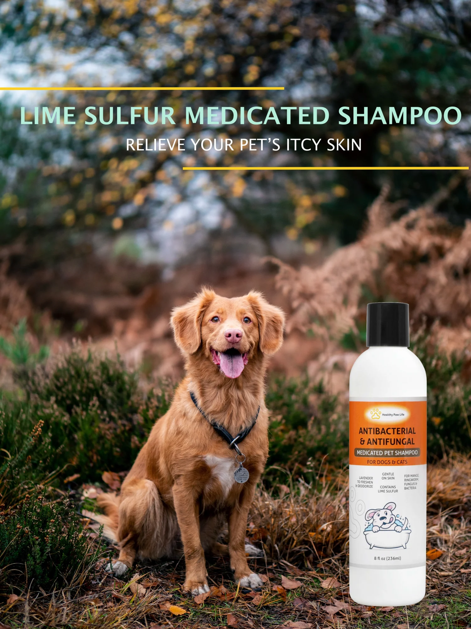 A bottle of Lime Sulfur Pet Shampoo with a lavender fragrance, designed for effective skin treatment and deodorizing for pets.