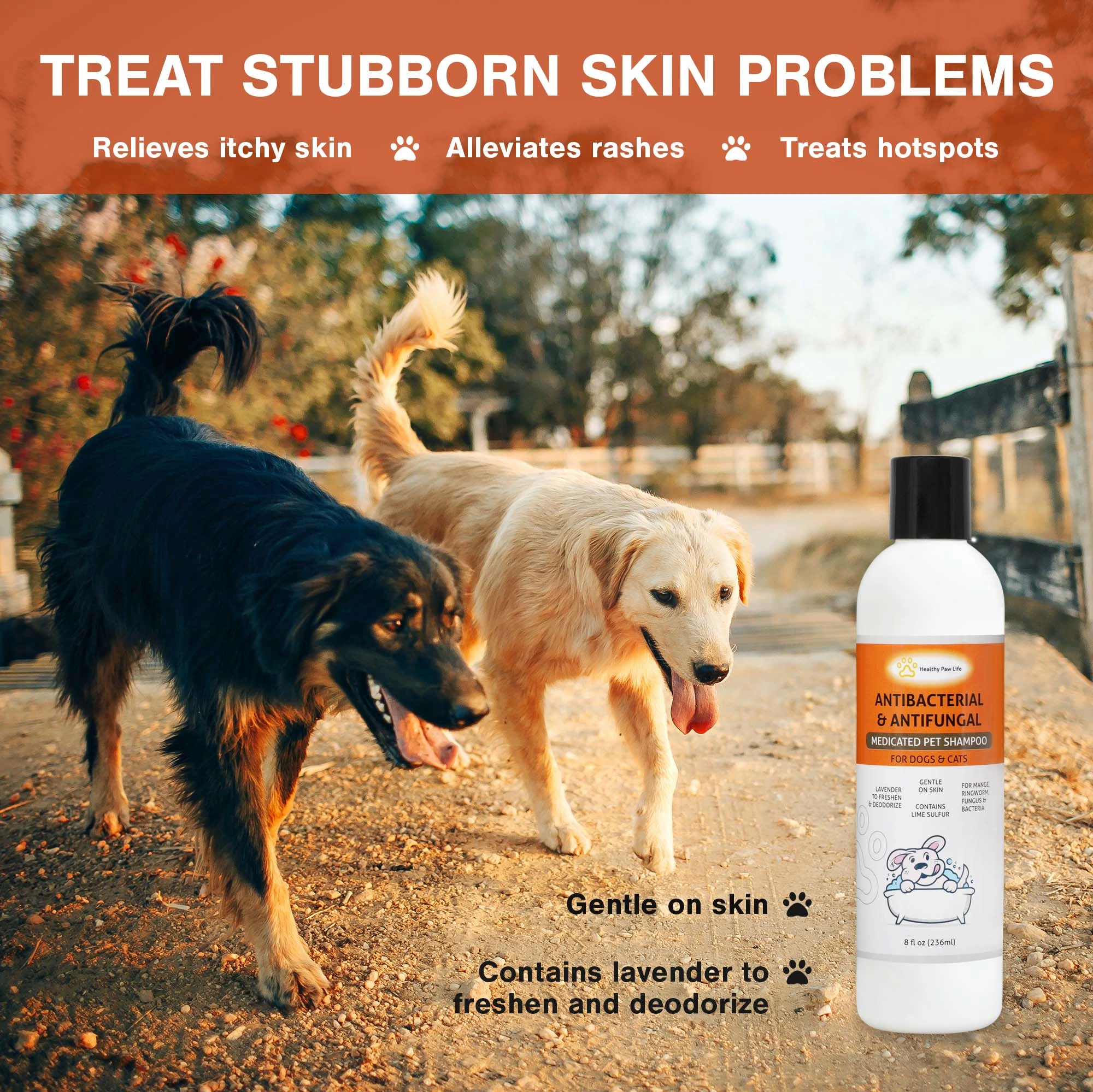 A bottle of Lime Sulfur Pet Shampoo with a lavender fragrance, designed for effective skin treatment and deodorizing for pets.