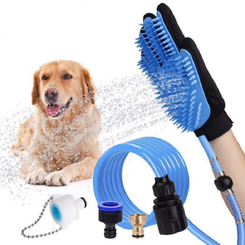 A handheld pet shower head designed for bathing dogs and cats, featuring a flexible sprayer and massage gloves for easy control.