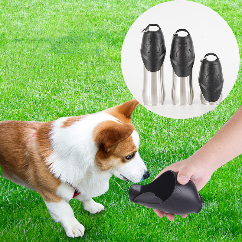Portable stainless steel drinking bottle for cats and dogs, designed for outdoor use with a flip-top lid.