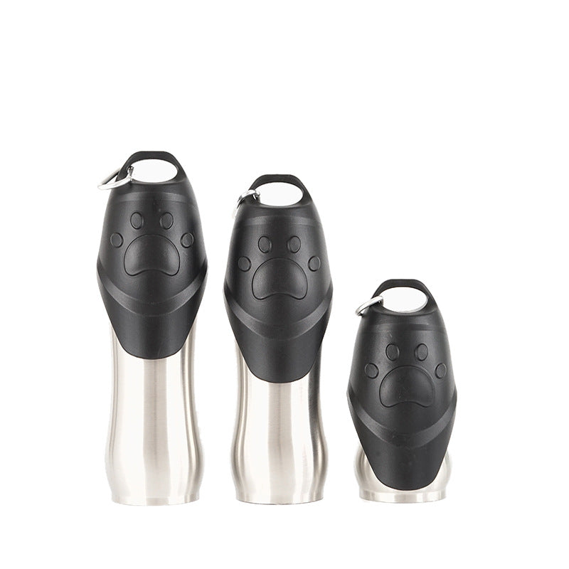 Portable stainless steel drinking bottle for cats and dogs, designed for outdoor use with a flip-top lid.