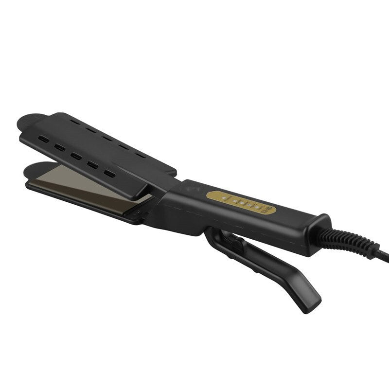 Professional hair straightener with titanium alloy panel and ergonomic handle, designed for wet and dry use.