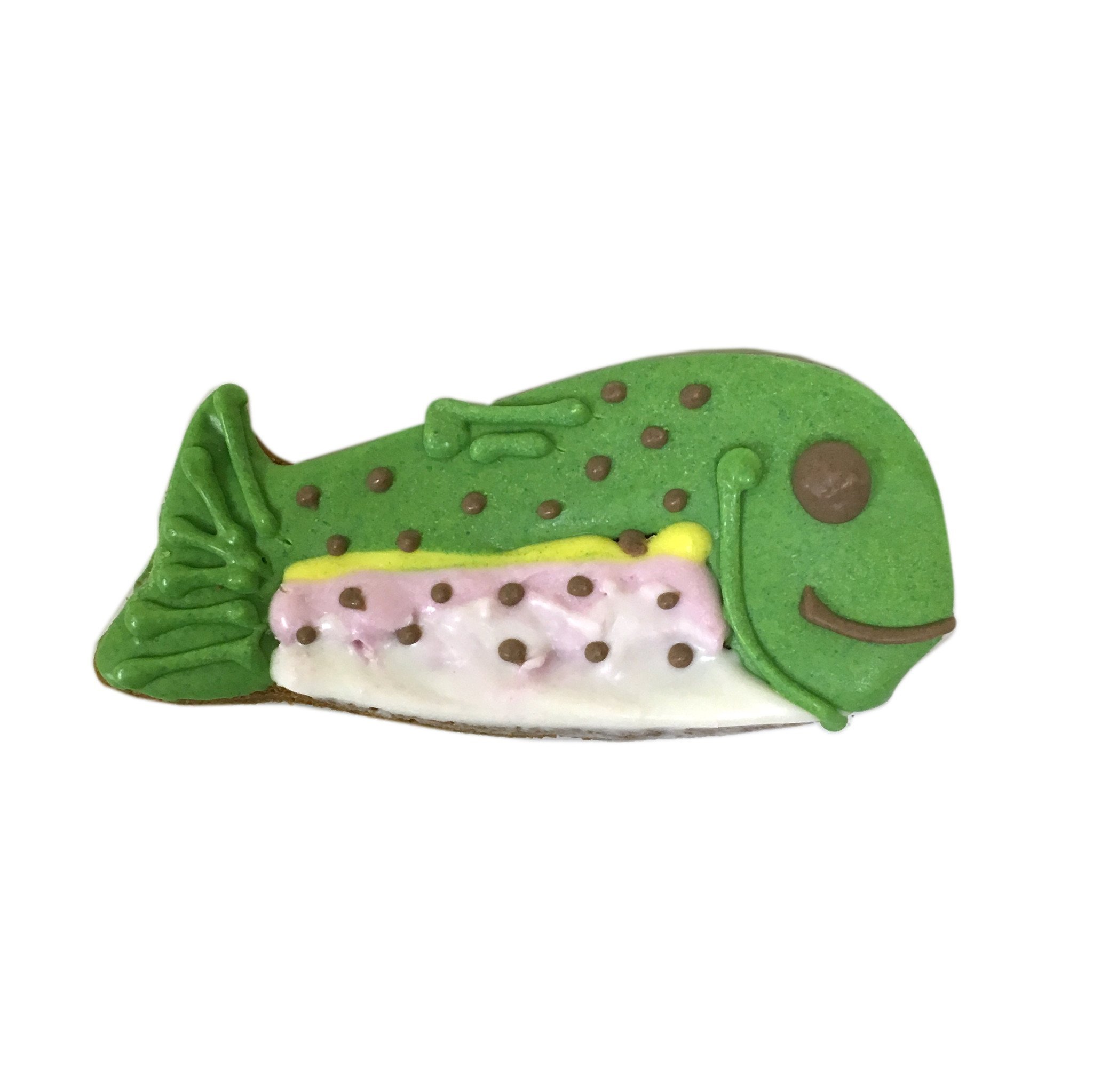 A case of 12 Trout peanut butter treats, each 3 inches long, featuring a yogurt coating and colorful vegetable coloring.