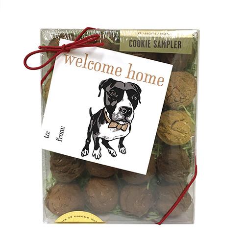 Welcome Home Gift Card Box containing 20 assorted cookies with a hand-made gift tag.