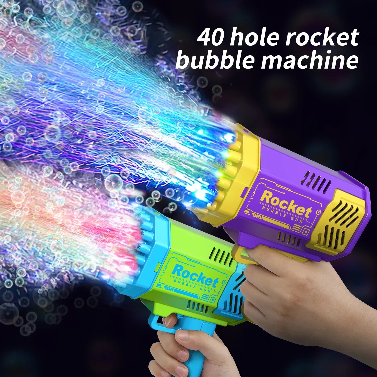 A colorful handheld bubble gun with 40 holes, producing a stream of bubbles, perfect for summer fun at the beach or pool.